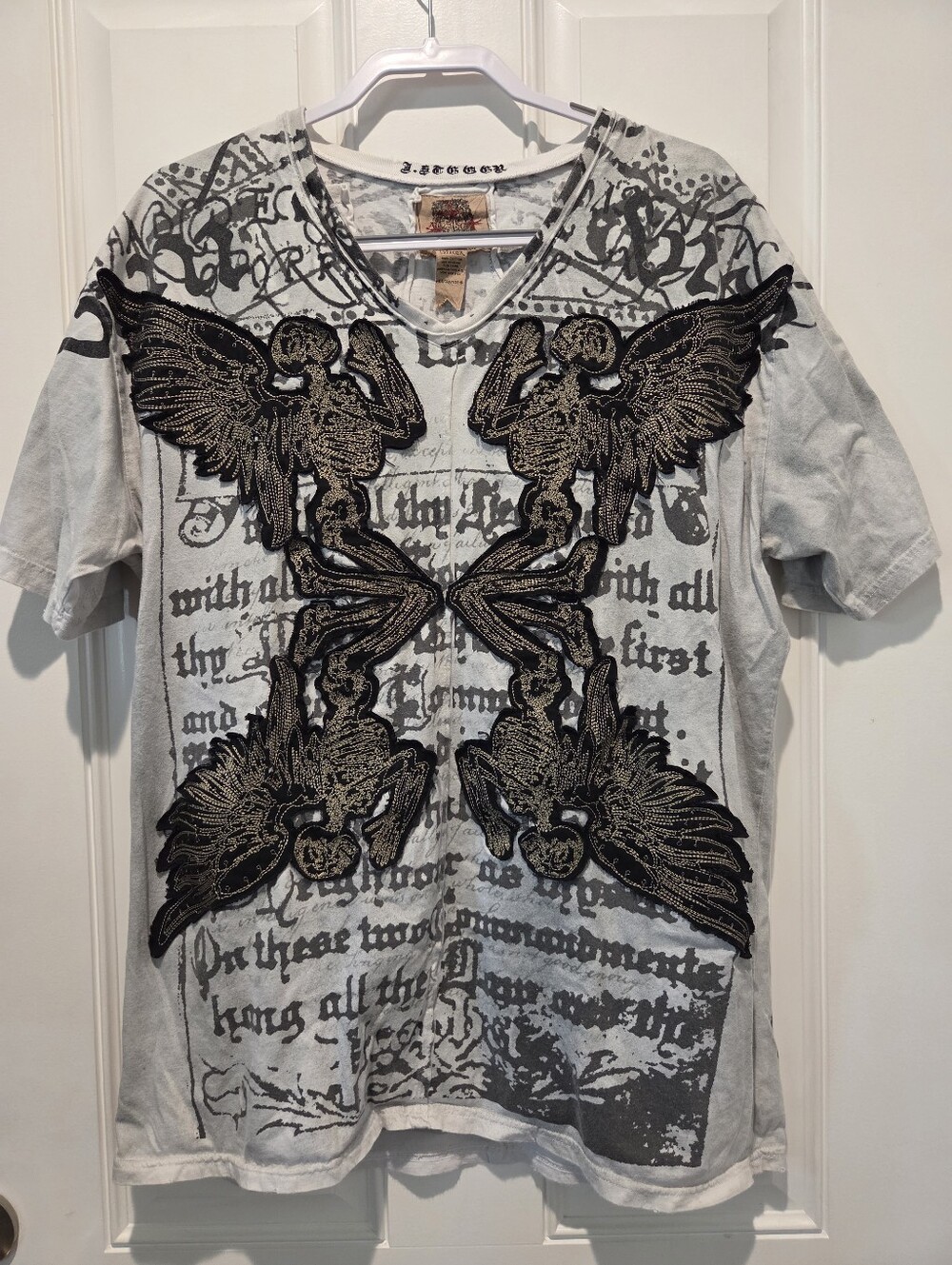 J. Steger Y2K Graphic Print Applique Skeleton Angels V-Neck T-Shirt Men's XXL